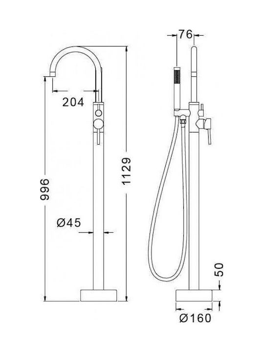 Karag ARTEMIS S12323 CHROME Хромиран подов, свободностоящ смесител за душ за вана
